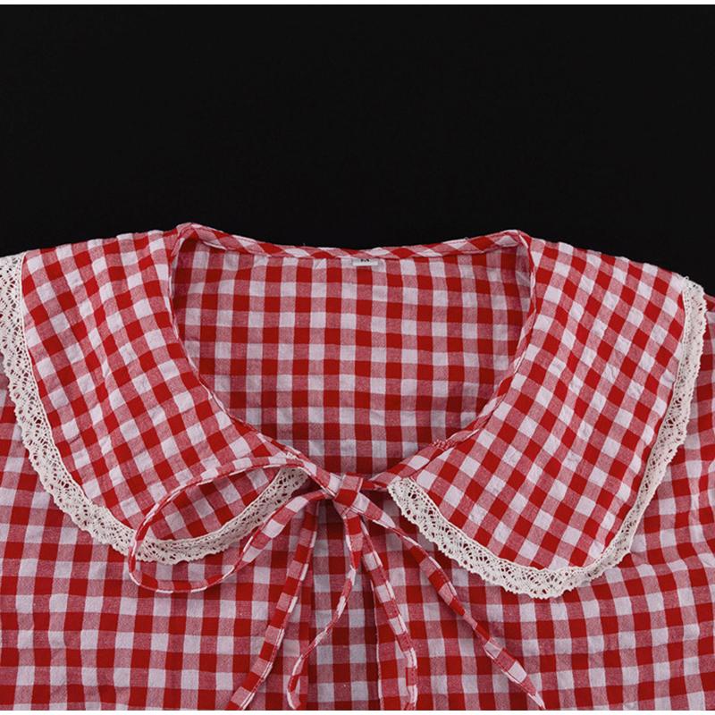 Plaid Shirt Pants Sets Women Peter Pan Collar Lace Up Long Sleeve Shirts Wide Leg Trousers 2 Pieces Suits Female Casual Outfits