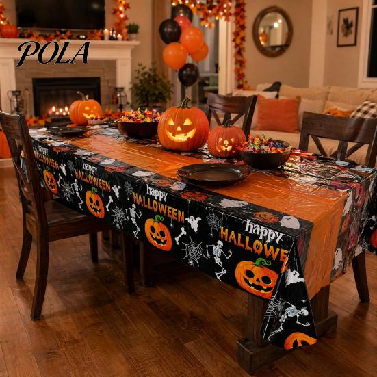 Spooky Tablecloth Happy Halloween Disposable Tablecloth, Pumpkin Ghost Skeleton Waterproof Festive Table Cover for Kitchen Dining Room, Party Supplies