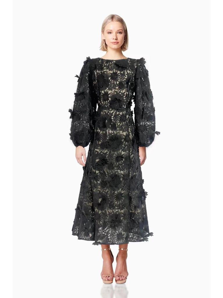 Australian Summer 2024 Floral Round Neck Hollow Waist Long Dress for Women