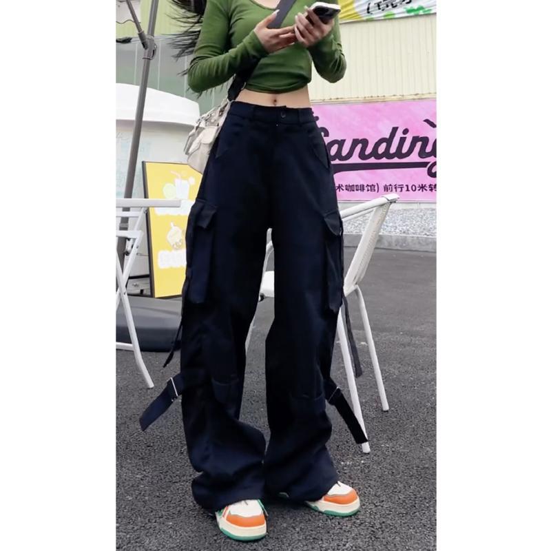 Spring Autumn Hipster Loose Casual Pockets Cargo Pants Women Solid Color Fashion All-match Wide Leg Trousers