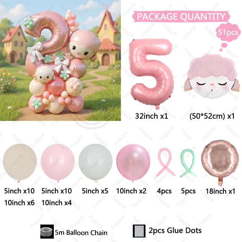 51Pcs Cute Pink Sheep Aluminum Film Balloon Pink Digital Balloon Set Girl Birthday Party Decoration Baby Shower Globos Gifts