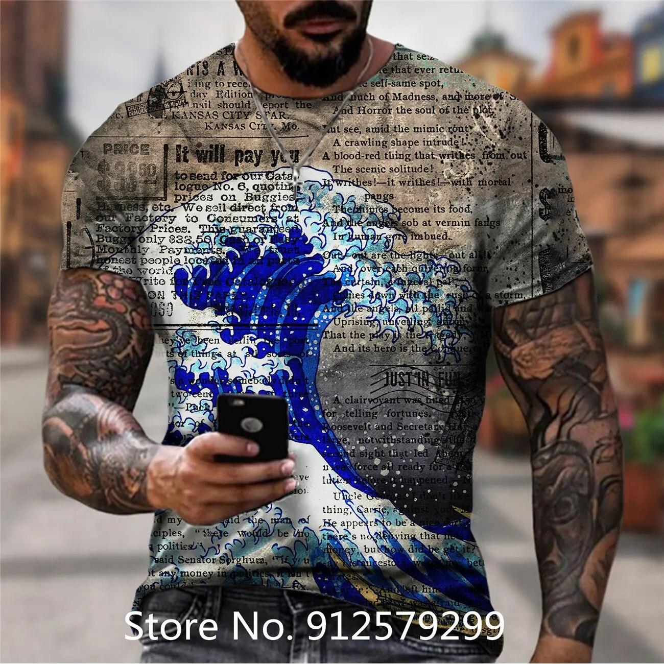 

Летние мужские футболки японские морские волны винтажные с коротким рукавом повседневная модная футболка с 3d принтом