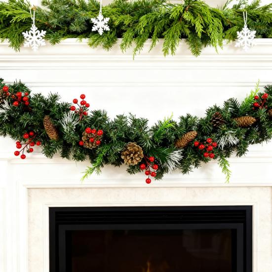 180/270CM Christmas Artificial Pine Garland with Bow Red Berries Pinecone Faux Pine Needle Rattan Mantle Fireplace Porch Hanging Decoration