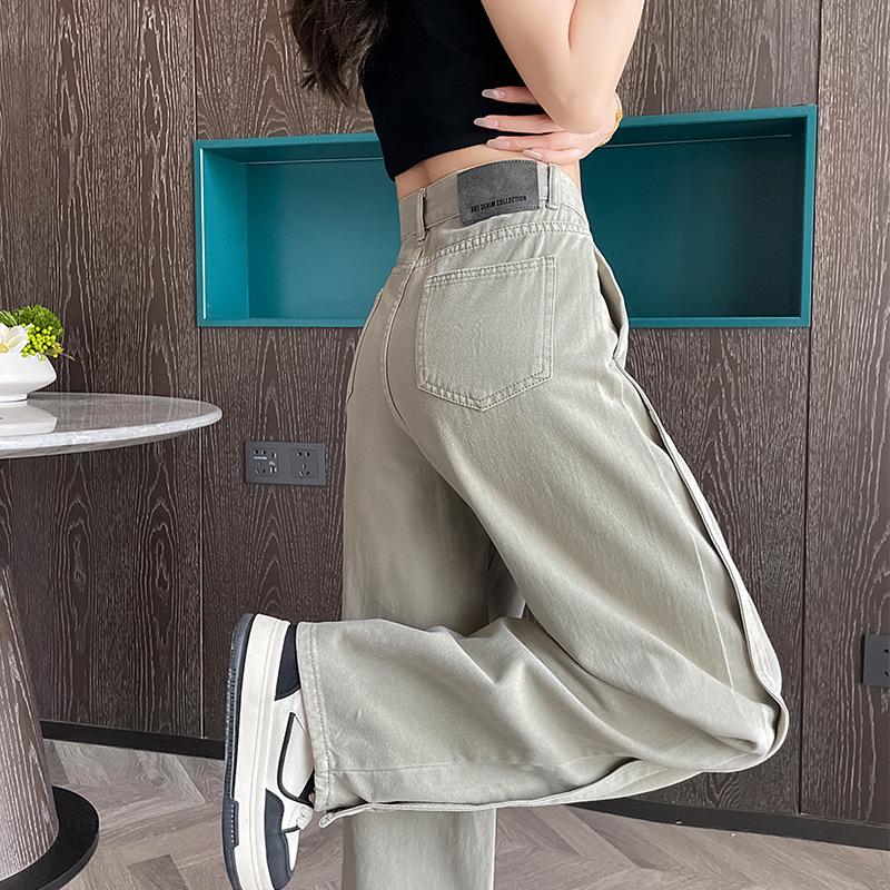 Women s Khaki Curved Knife Splicing Denim Pants - Loose, Slimming, Casual Long Pants for Spring and Autumn. XS