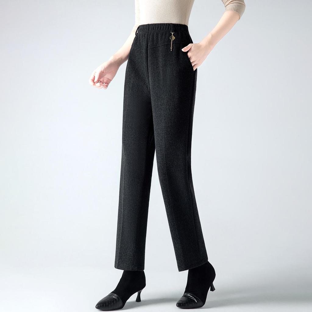 Damskie spodnie z wysokim stanem i podszewką z polaru 2025 - Wiosna/Jesień, Grube wełniane z prostymi nogawkami dla osób w średnim wieku i starszych