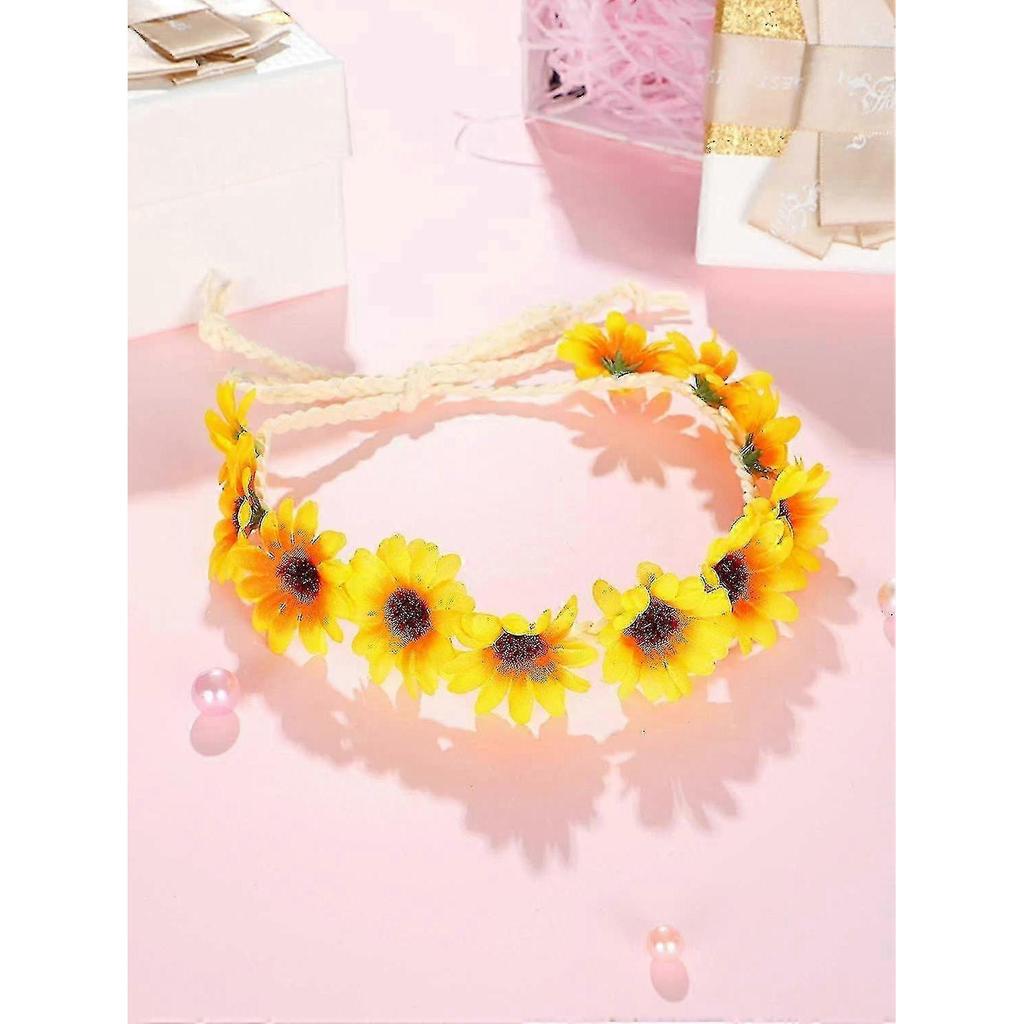 5-piece set of sunflower crown headband, daisy tiara, hippie headband, adjustable floral bridal headband, hippie party wedding festival headband.