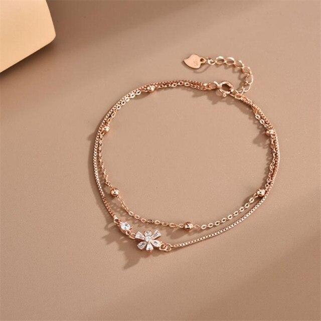 

925 пробы стерлингового серебра двухслойный циркониевый цветок браслет-подвеска для женщин девочек вечеринка свадьба модные ювелирные изделия аксессуары sl422 розового золота