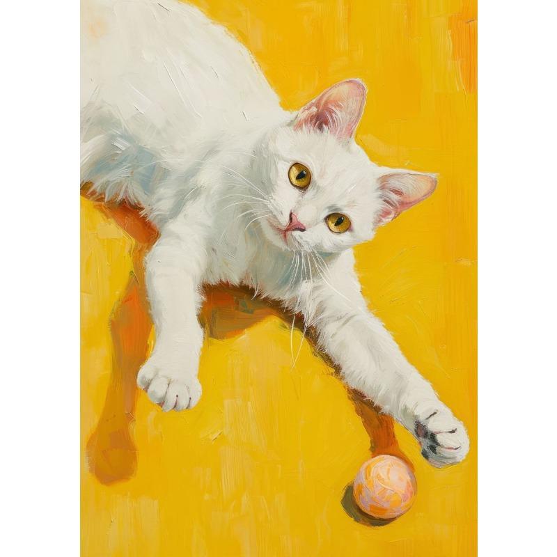 Cute White Cat Dogs Golden Retriever Bulldog Oil Painting Canvas Print Nordic Poster Wall Picture Kids Room Home Decor Cuadros