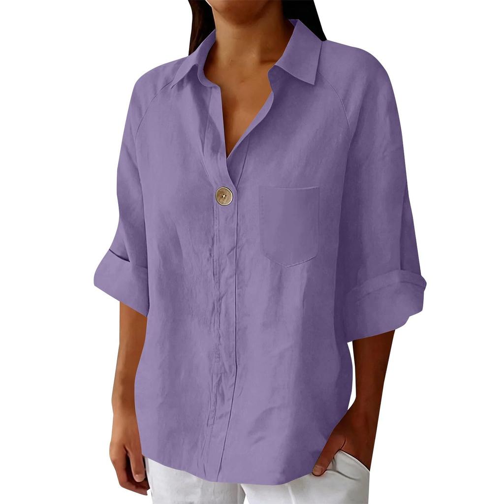 Women's Summer Casual Loose-Fit -Color Top With Collar, V-Neck, And 3/4 Sleeves