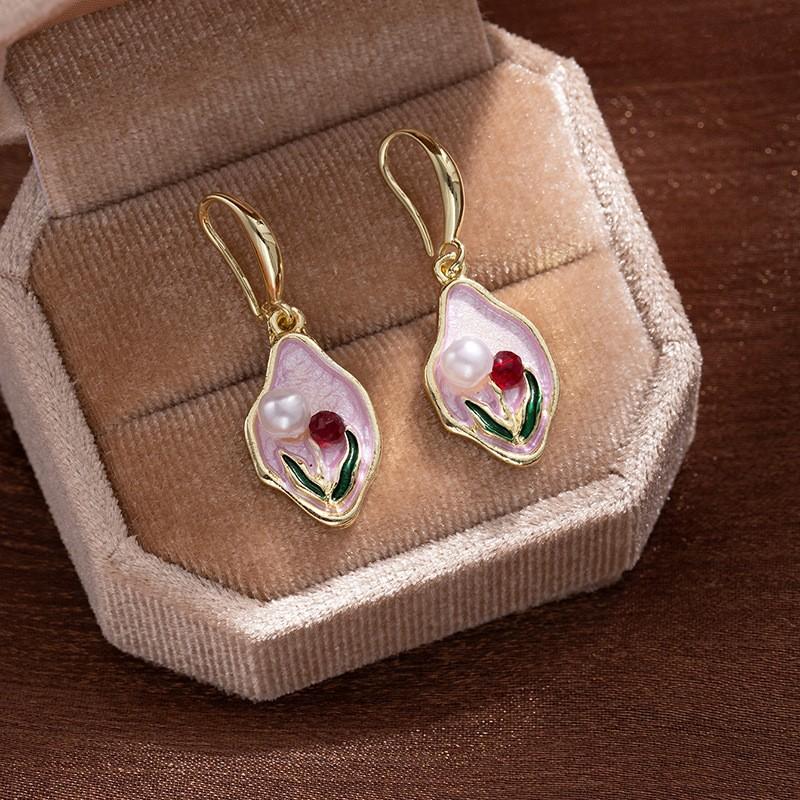 

New Chinese Retro Court Style Earrings Monet Garden Pearl Flower Earrings Pendant Niche Flower Enamel Drip Glaze Earrings