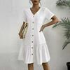 Abito estivo midi casual da donna, scollo a V, monopetto, manica corta, misto lino, orlo arricciato, linea ad A