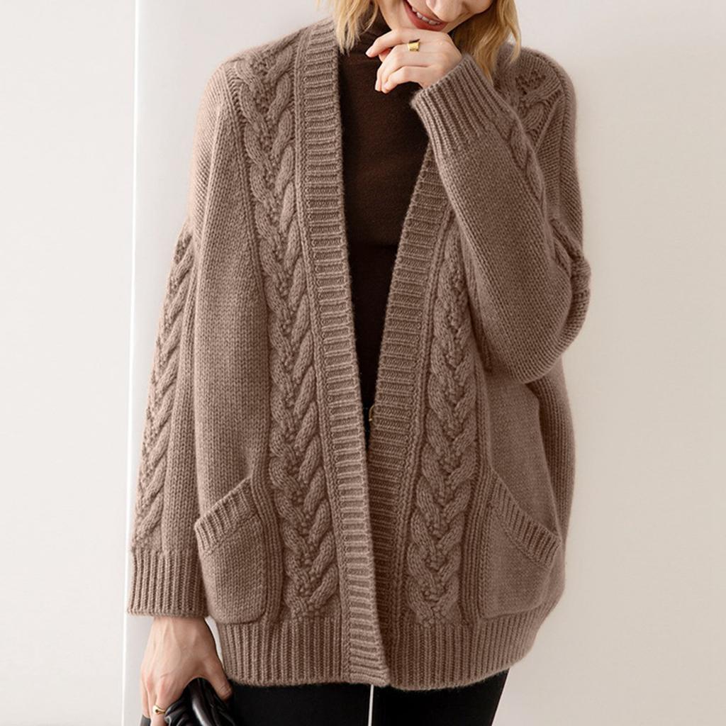 Ladies New Autum And Winter Loose Cable Knit Mid-length Sweater Coat