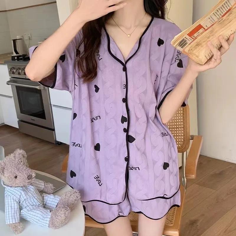 Pajamas Female Summer Cartoon Young Ladies Students Cardigan Short-Sleeved Shorts Thin Section Homewear Two-Piece Suit