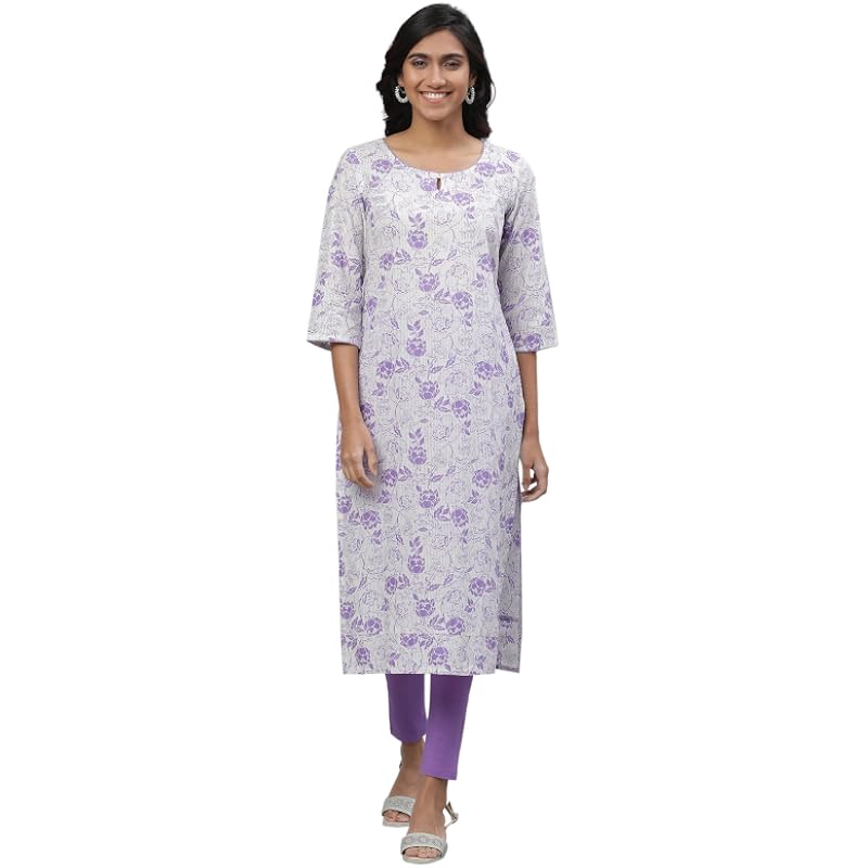 Aurelia White Floral Printed Printed Cotton Straight Long Kurta for Women
