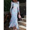 2026 Floral Print High-Waist Fitted Midi Dress With Ruffle Mermaid Hem Long Sleeves