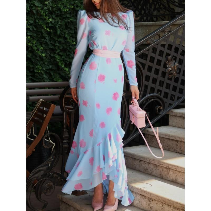 2026 Floral Print High-Waist Fitted Midi Dress With Ruffle Mermaid Hem Long Sleeves