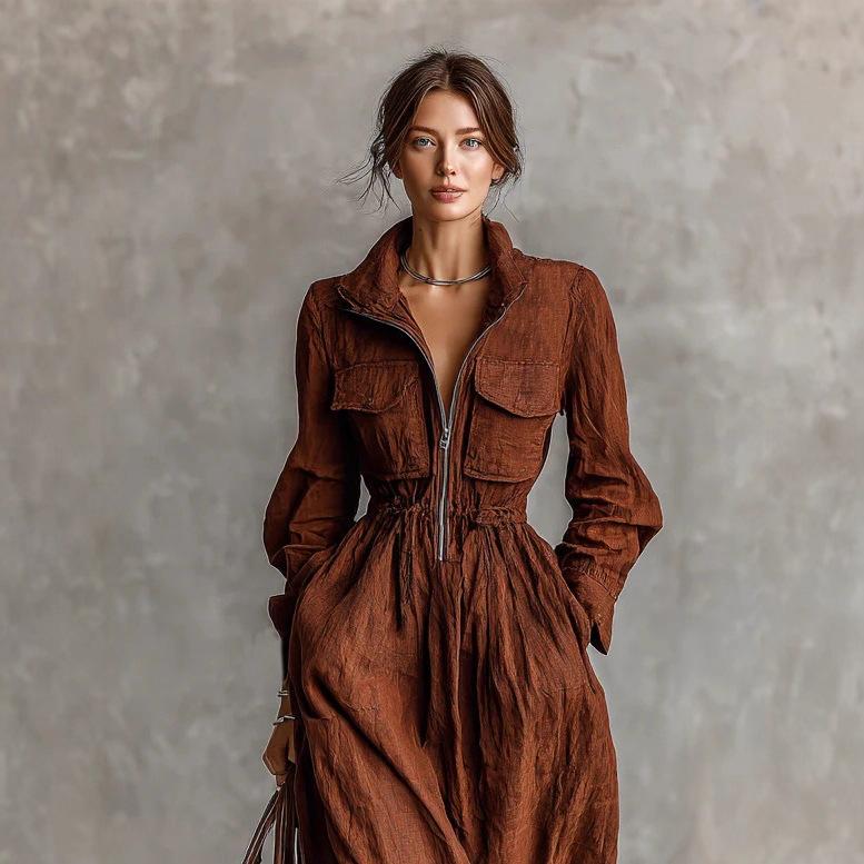 Women's Dark Brown Long Sleeve Zip Front Jumpsuit with Drawstring Waist