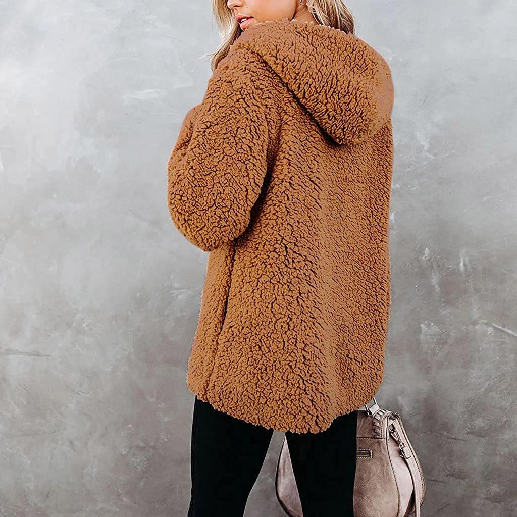 Women's Solid Color Hooded Long Sleeve Zip Plush Sweatshirt Coat Outwear