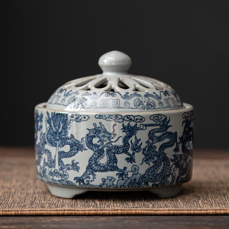 Chinese Retro Blue and White Ceramic Incense Burner Ornament