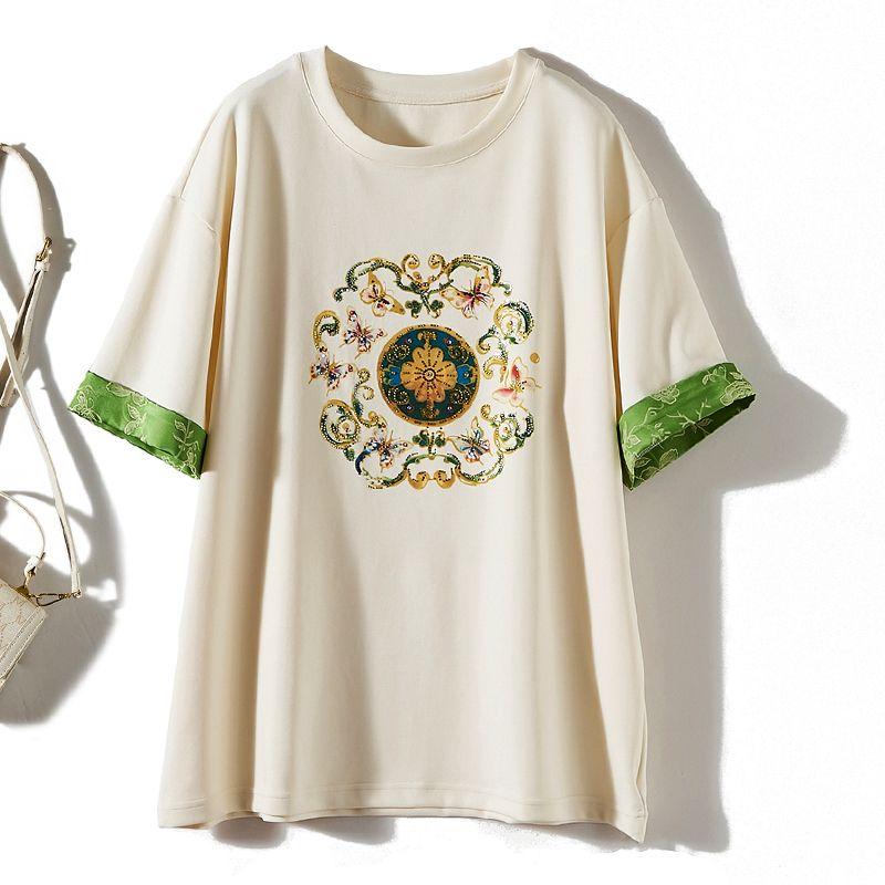 

Details and Craft and Buy Again ~ Heavy Luxury Lazy Style Women s Shoulder Cufflink Beaded Embroidery Shoulder Sleeve Sky Silk Cotton T-shirt Loose Beige L