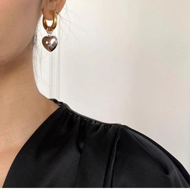Statement Minimalist Gold  Color Mixed Metal Heart Pendant Hoop Earrings Street Style Korean Female Fashion Jewelry Gifts