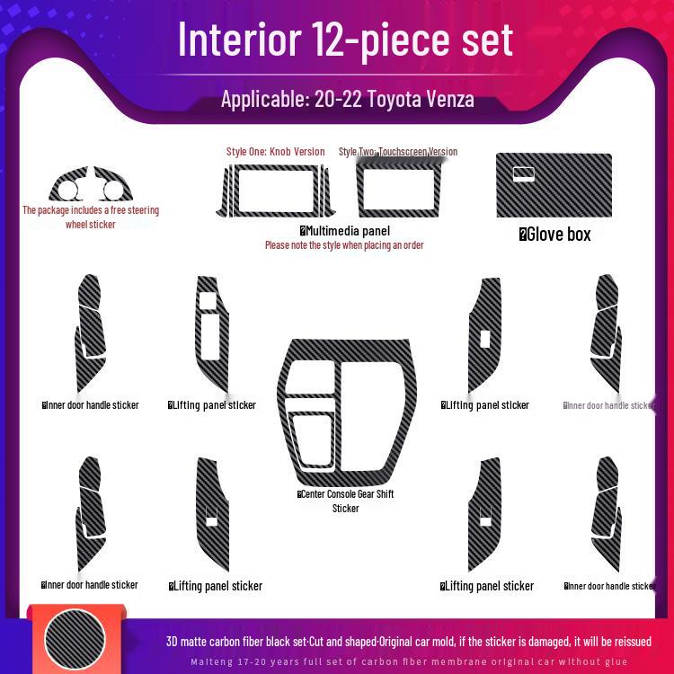 Carbon Fiber Interior Kit for Toyota Venza 2020-2022: Center Console & Anti-Kick Door Protection