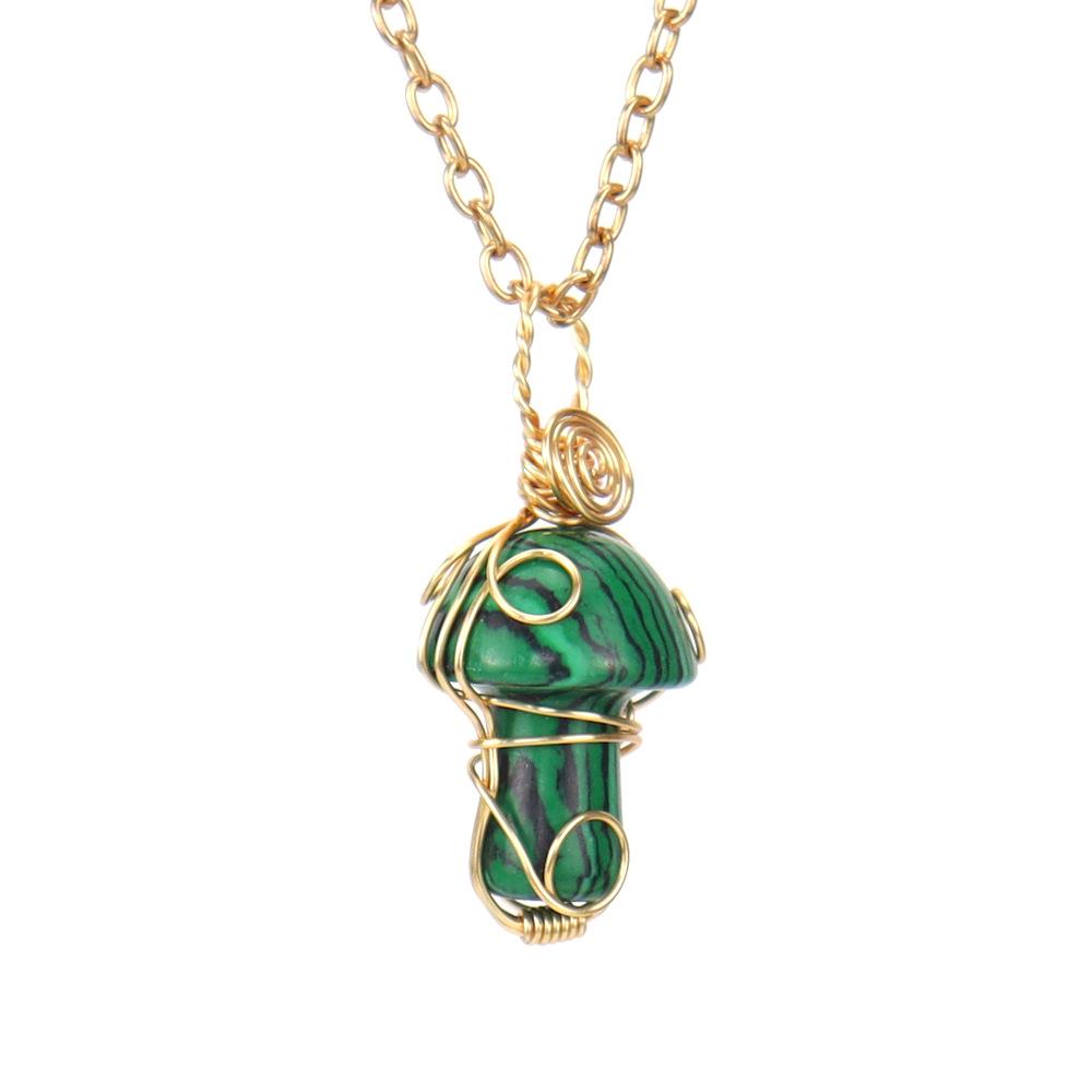 Handmade Gold Winding Crystal Tiger Stone Agate Small Mushroom Pendant Necklace Jewelry N588