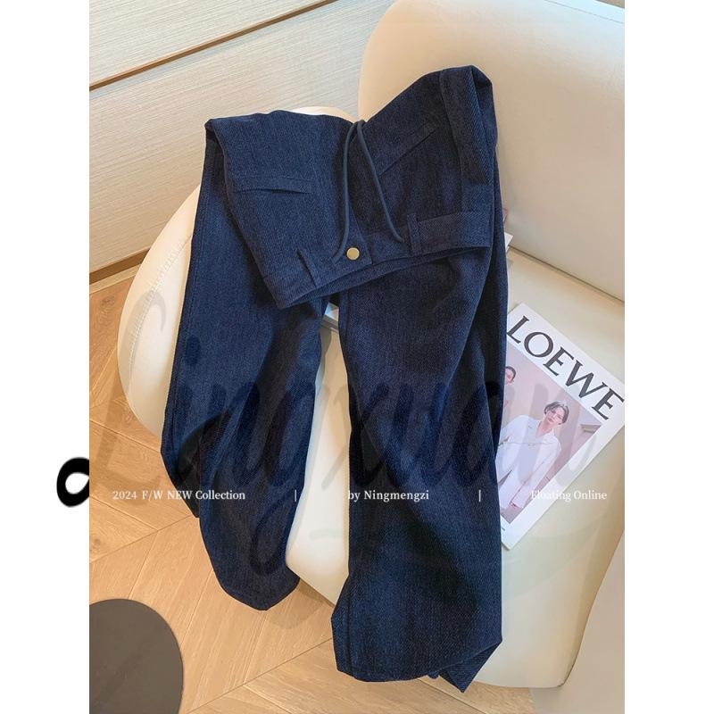 

Women’s Dark Blue Corduroy Drawstring Straight-Leg Pants, Autumn/Winter 2026 – Loose, Slimming, Versatile, and Casual Wide-Leg Style Small