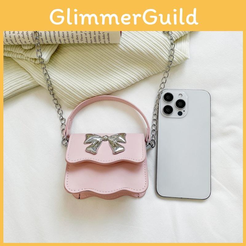 Color Cute Solid Silver Bow Decoration Kid Mini Shoulder Chain Bag Daily For