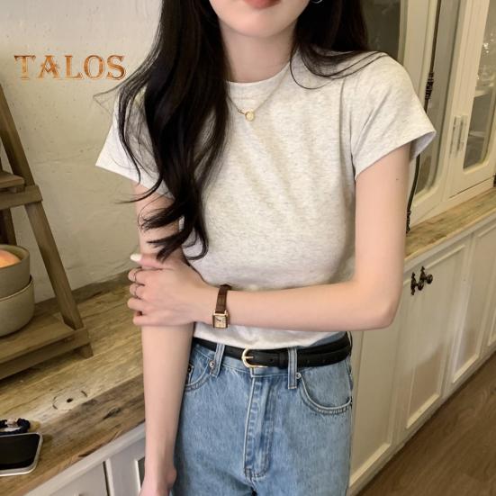 Women Slim Fit T-shirt O-neck Short Sleeve Pullover Tops Solid Color Stretchy Soft Tee Shirt Streetwear