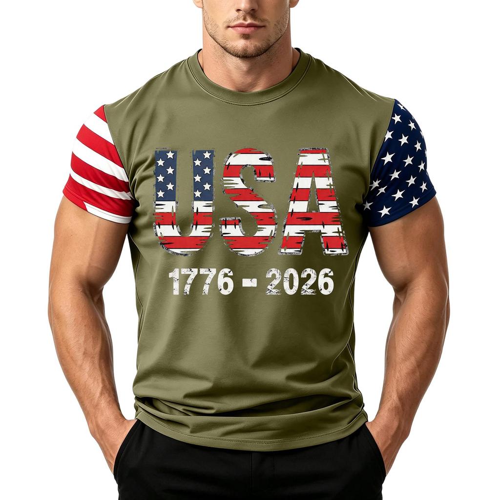 Men's Loose Fit Short Sleeve T Shirt USA Flag Print Casual Summer Daily Wear Crew Neck Top for Outdoor Activities