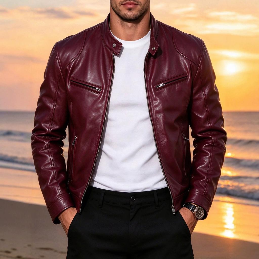 Men's slim stand-up collar PU leather jacket spring and autumn new motorcycle jacket multi-color fashion casual jacket leather jacket