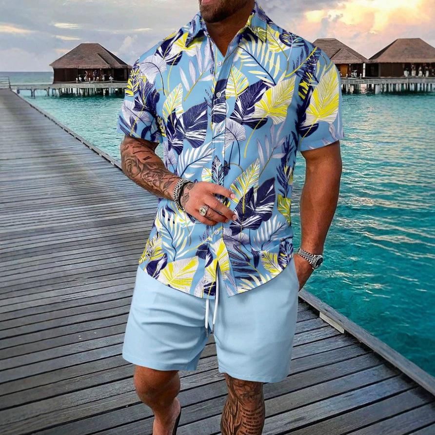 Comparison of Summer Plant Print and Tropical Broad-leaved Green Loose Quick Drying Short Sleeved Shirt for Men's Shirt Set