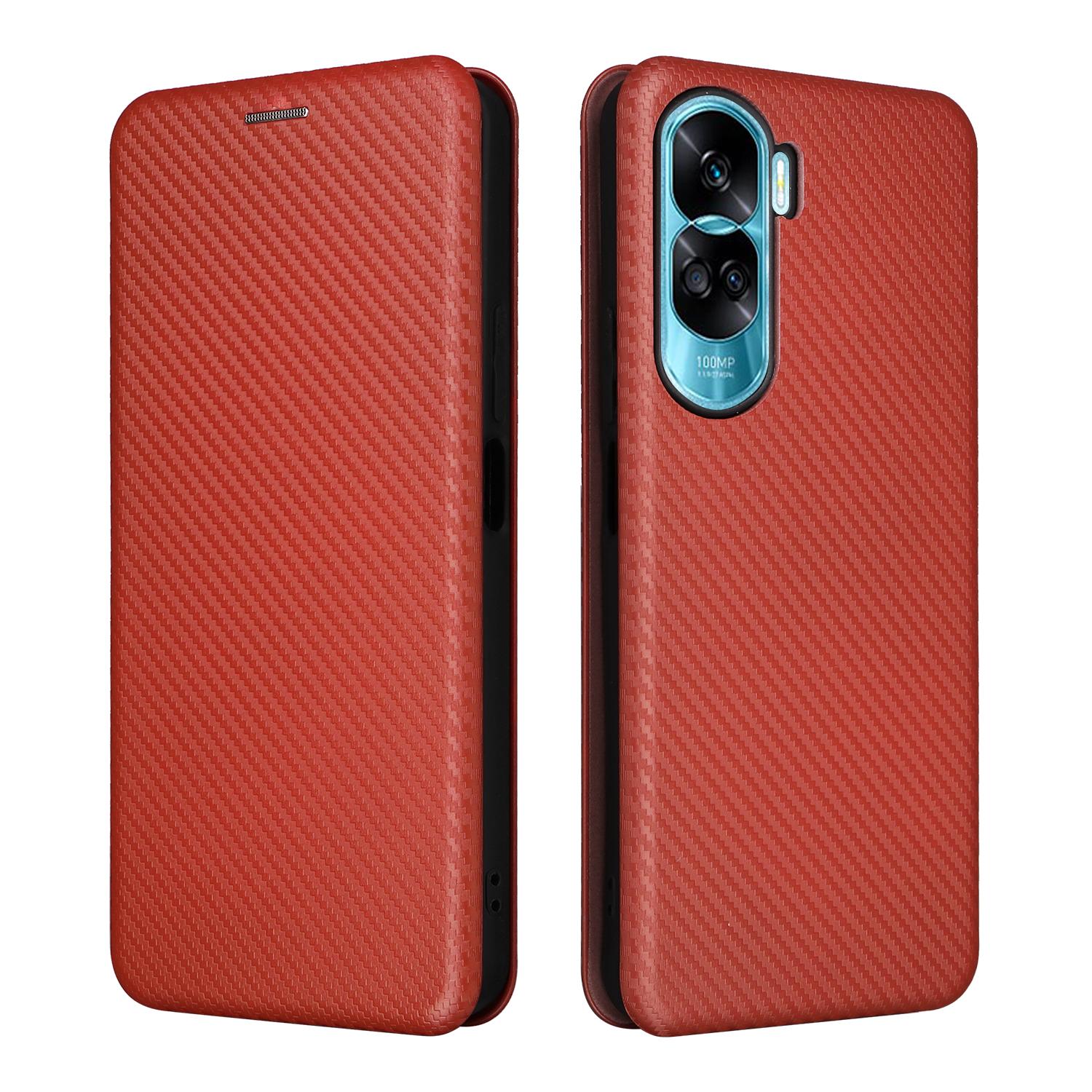 

For Honor 90 Lite 5G/X50i 5G Carbon Fiber Texture Card Holder Case Leather Stand Phone Cover Brown