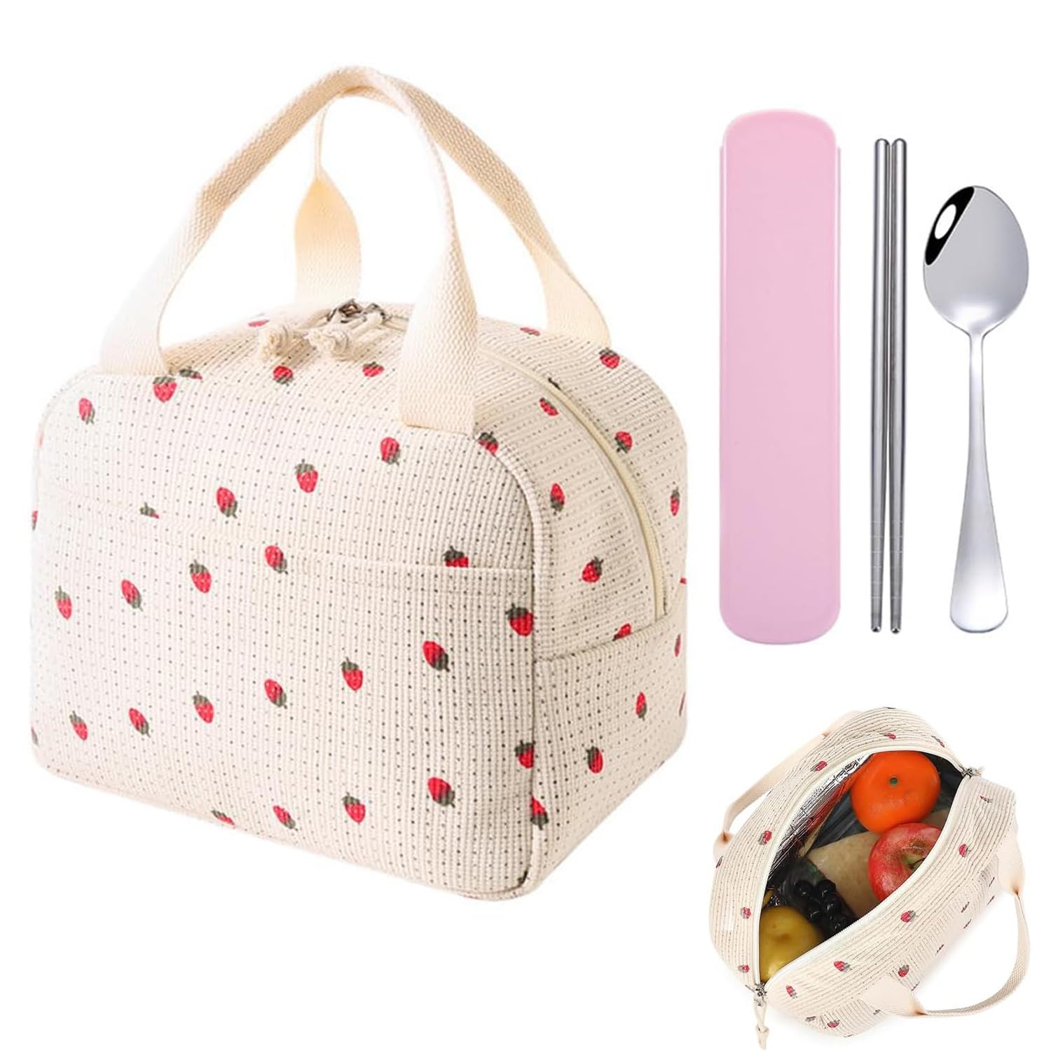 

Kasanidika Insulated Lunch Bag with Chopsticks and Spoon, Large Capacity, Thick Insulated Lunch Box, Refrigerated, Insulated, Cute, Strawberry Print,