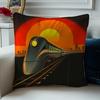 Retro Bullet Train Pillow Case, Vintage High Speed Railway Cushion Cover with Sunset Cityscape for Living Room Sofa Bedroom Home