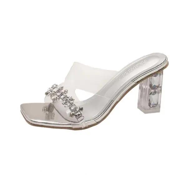 

Модные легкие роскошные тысячи золотых стразов, прозрачные шлепанцы на квадратном каблуке, толстый каблук, квадратная головка, 2024, новый стиль, женские тапочки 40 серебряный