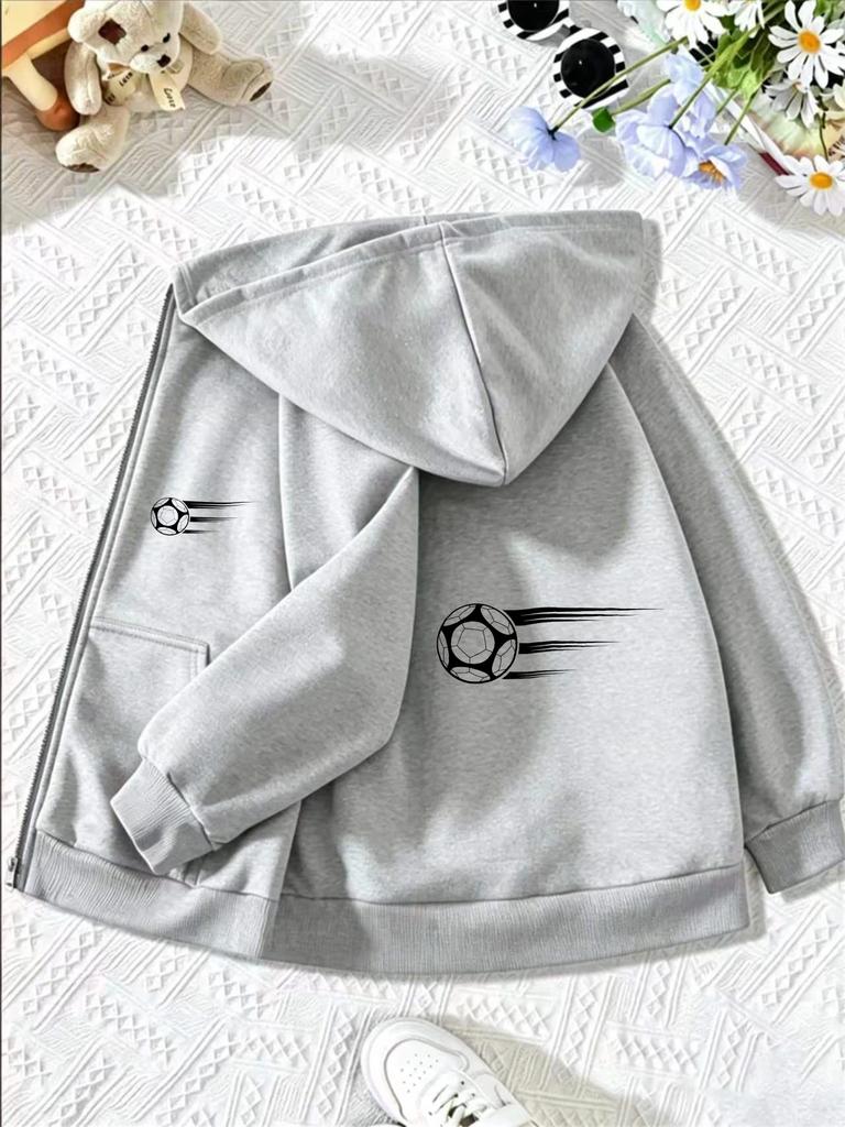 Boys Full Zip Hooded Sweatshirt Simple Racing Football Silhouette Pattern Loose Daily Kids Outerwear With Front Pocket