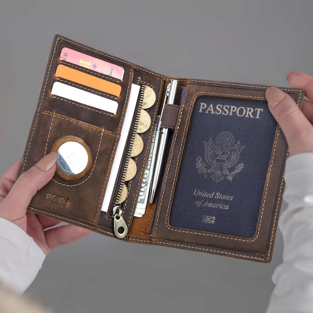 CONTACT'S Genuine Leather Travel Wallet with Passport Holder RFID Blocking Business Credit Card Holder Anti-lost Purse