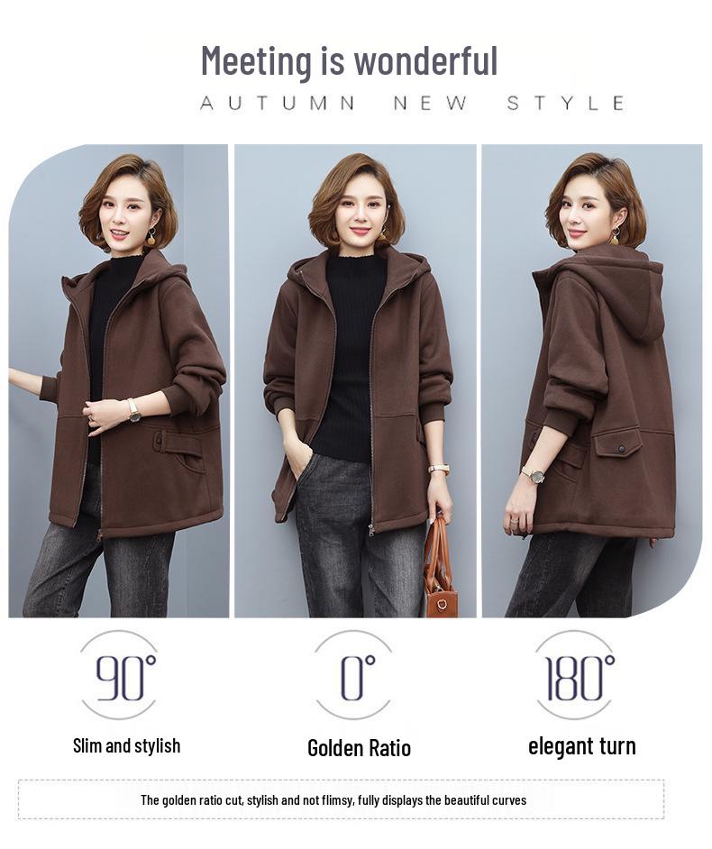 Women's Fleece-Lined Hooded Cardigan - Autumn/Winter 2024 Casual Loose Fit for Middle-Aged Moms