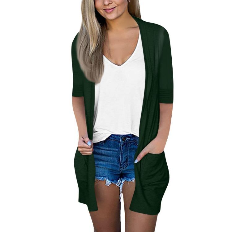 Dámský ležérní jednobarevný volný kardiganový top s kapsou a sedmiosminovým rukávem, módní sako