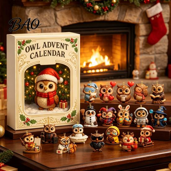 Niedliche Tier-Spielzeugsammlung 2026 Eule/Hund Adventskalender, 24 Tage Countdown bis Weihnachten mit Mini-Miniatur-Set Figuren-Ornamenten, PVC Sammlerstück