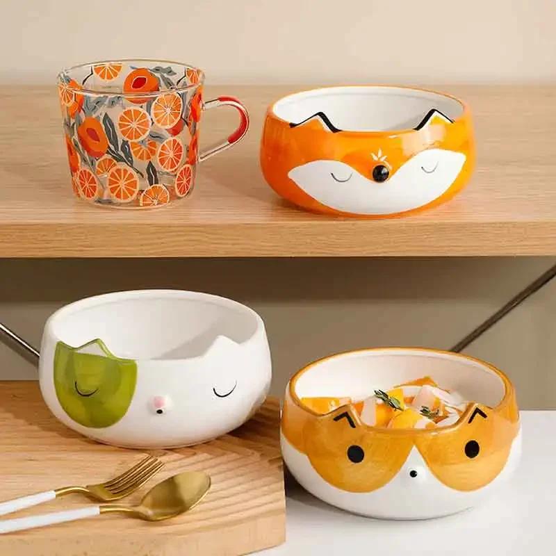 Hand Painted Fox Cat Dog Bowls Cute Animal Bowl for Salad Fruit Noodle Rice Soup Creative Underglaze Ceramic Children Tableware