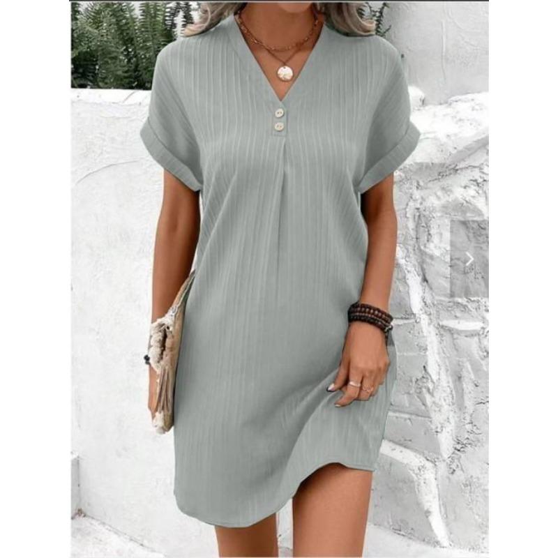 V-neck Solid Color Pullover Comfortable Casual Button Up Dress