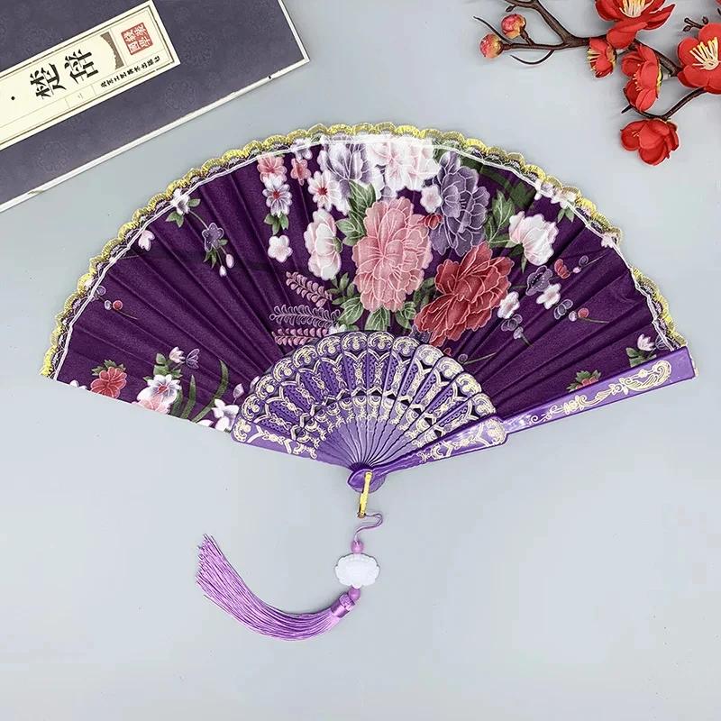 

Chinese Silk Fan Home Decorations Gold Edge Traditional Dance Folding Fan Handmade Decorative Accessory for Wall Shelf Display фиолетовый