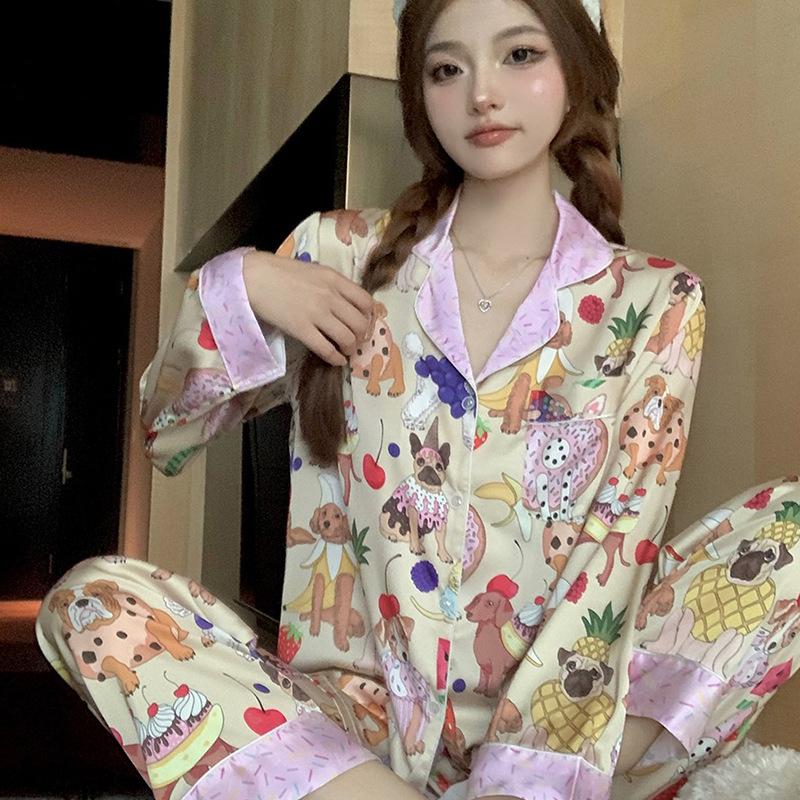 Cartoon Animal Graffiti Spring And Summer Ice Silk Pajamas Women'S Long-Sleeved Niche Style Loungewear Suit Can Be Worn Outside