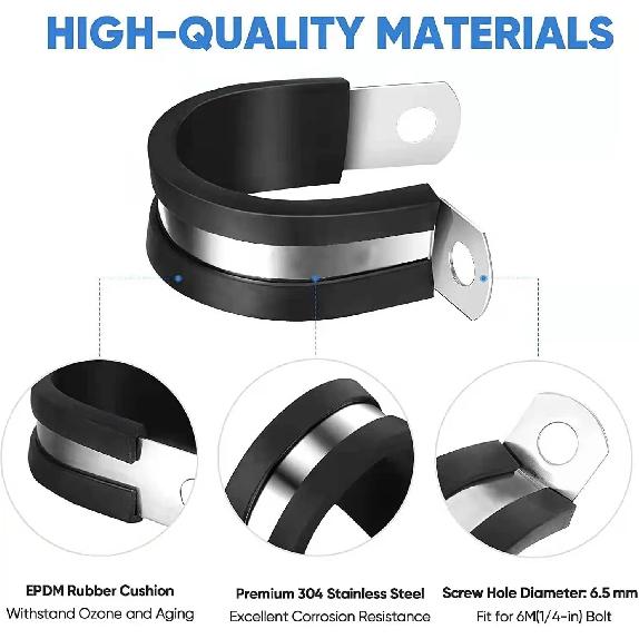30Pcs Rubber Lined P Clips 6-45mm 304 Stainless Steel Bracket Clamp Pipe Wall Mounting Fix Fasteners for Wires Cable Clamp Clip