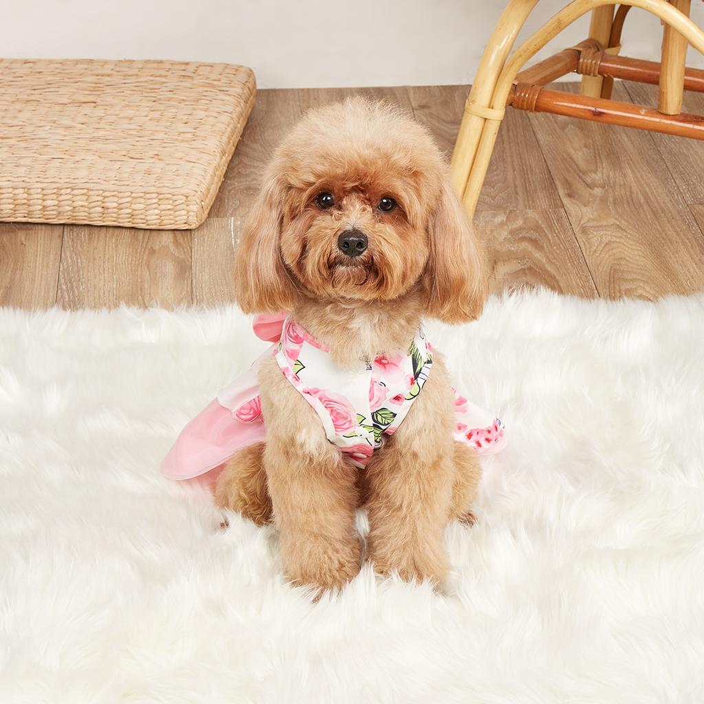 Dog Princess Dress Elegant Pet Clothes Bowknot Pink Princess Clothes Puppy Floral Tulle Pet Spring Summer Party Dresses for Smal