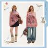 unifree Pink Loose Fuzzy Off-Shoulder Sweater with Butterfly Graffiti
