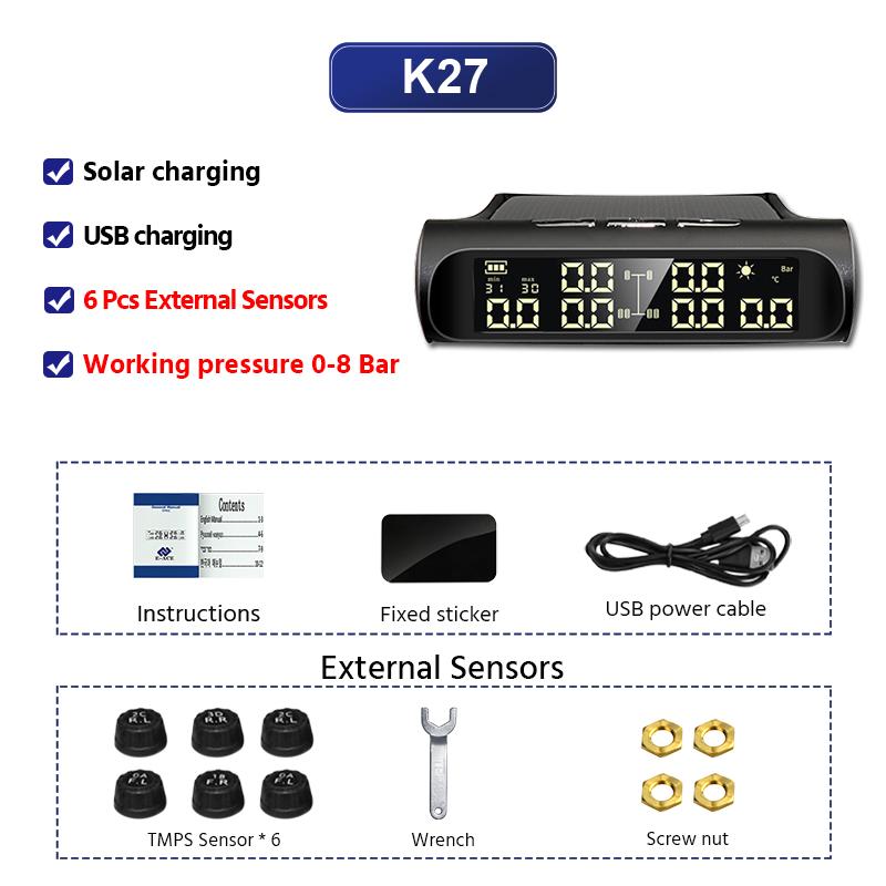Solar TPMS 6 externe Sensoren Reifendruck- und Temperaturanzeige Sicherheitsalarm Halterung Autos, Wohnmobile, Anhänger Maximal 8 Bar